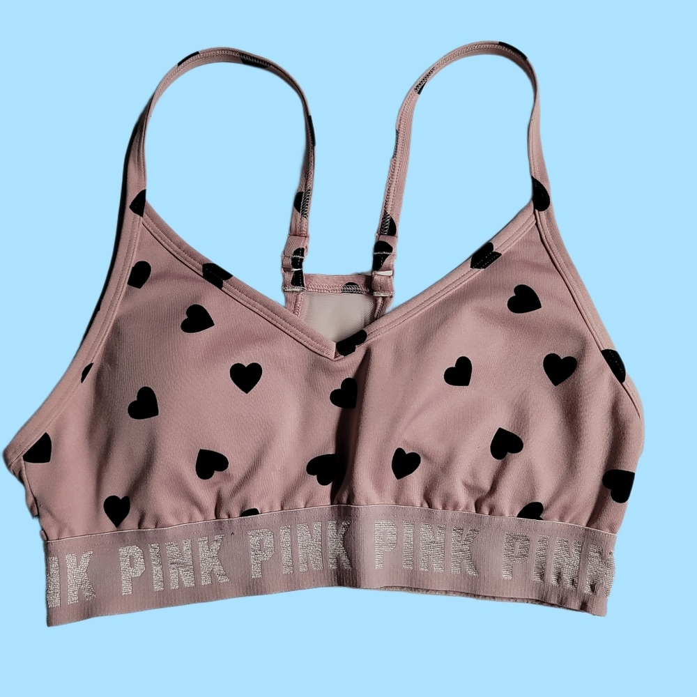 PINK Blush Pink Heart Pattern Sports Bra XS